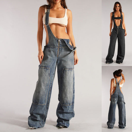 Y2K Zipper Denim Overalls With Pockets Loose Suspender Jean Jumpsuit