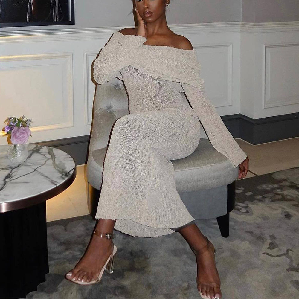 Off The-shoulder Knitted Long-sleeved Long Dress