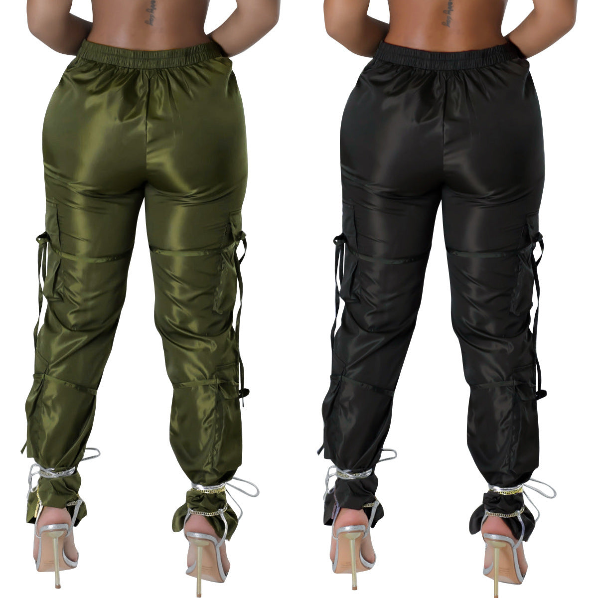 Women's Zipper Closure Strap Solid Color Green Casual Trousers