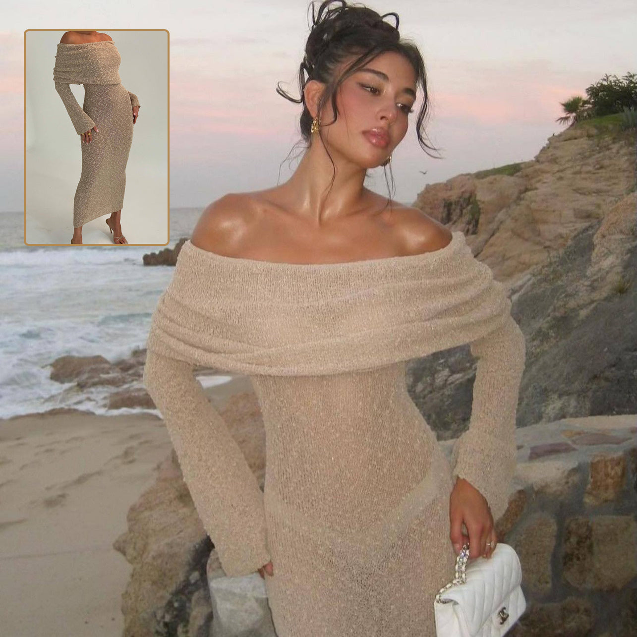 Off The-shoulder Knitted Long-sleeved Long Dress