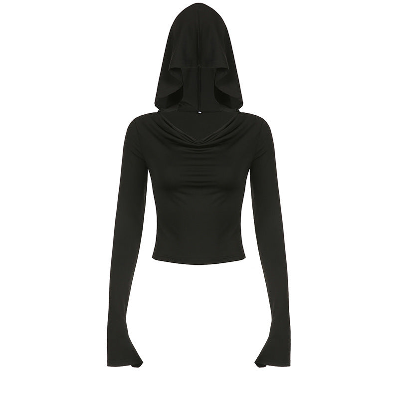 Draped Collar Off-shoulder Hooded Top