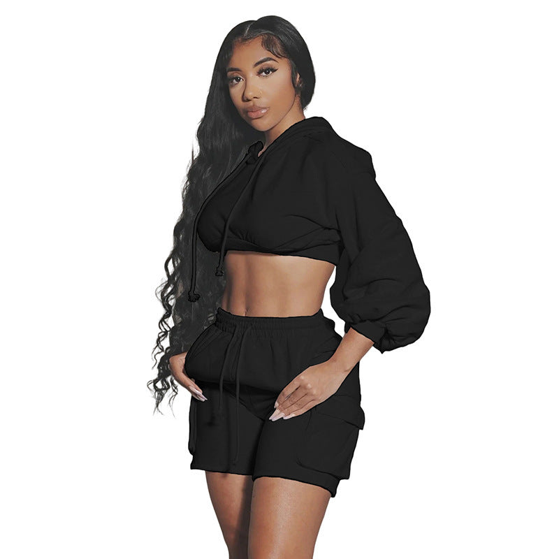 Sports And Leisure Hooded Top High Waist Slim Shorts Suit