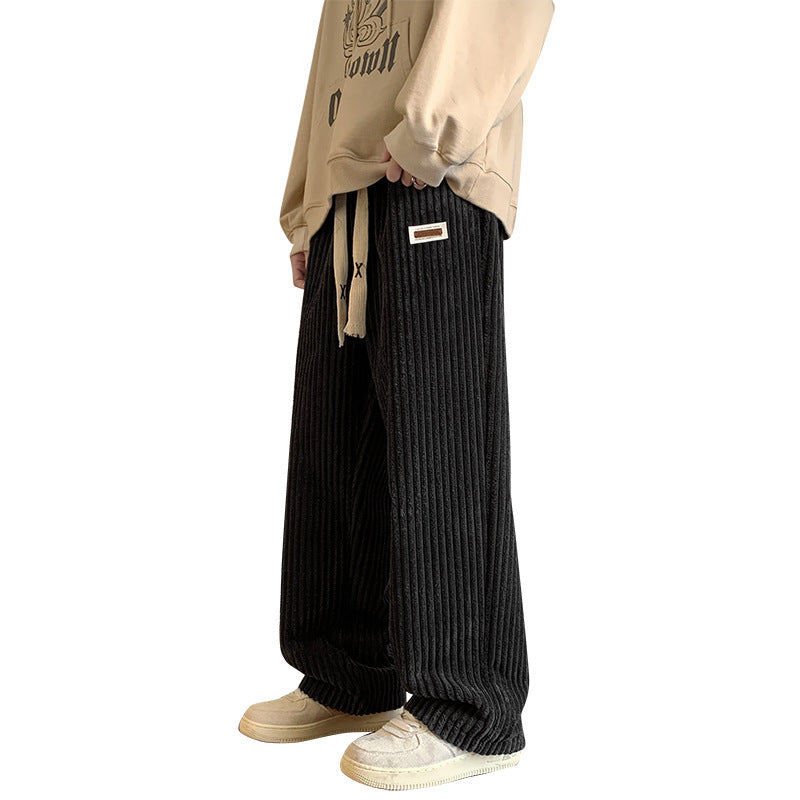 Thick Striped Corduroy Men's Winter Fleece Lined Padded Warm Keeping Wide Leg Pants