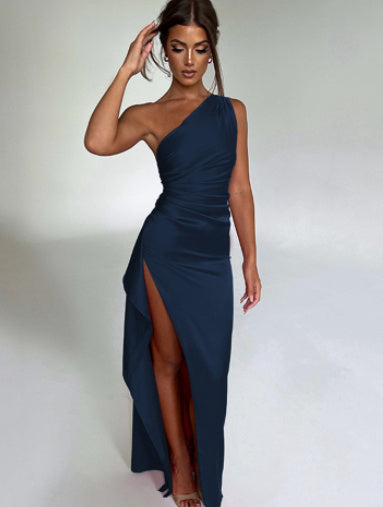 Sexy One-shoulder Backless Silk Slit Dress