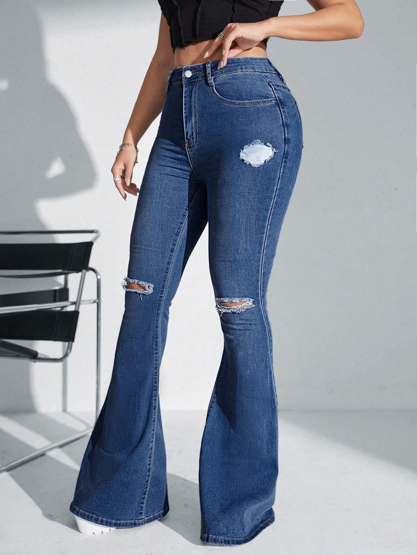 SHEIN SXY High Waist Ripped Flare Leg Jeans