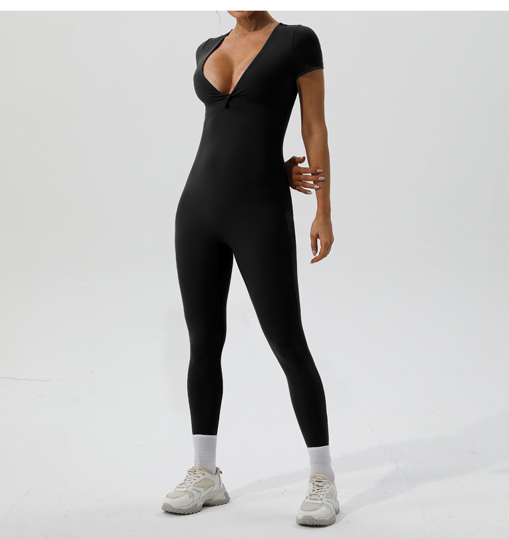 Short Sleeve V-Neck Yoga Jumpsuit