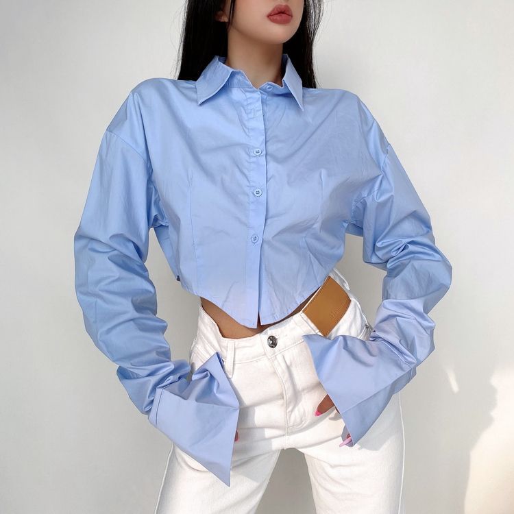 Women's Lapel Long Sleeve Cinched Crop Top Blouse