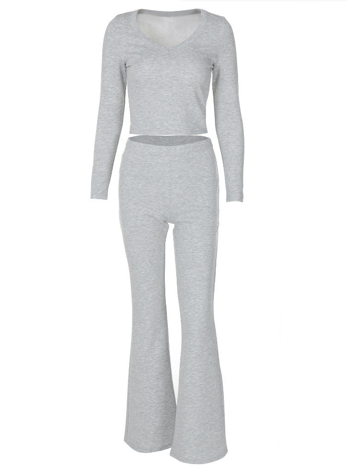 Solid Color Long Sleeve Flared Pants Two-piece Set