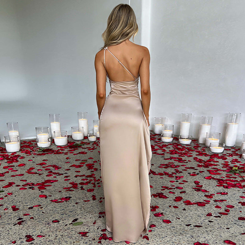 Sexy One-shoulder Backless Silk Slit Dress