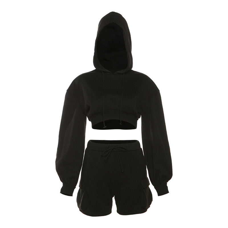 Sports And Leisure Hooded Top High Waist Slim Shorts Suit