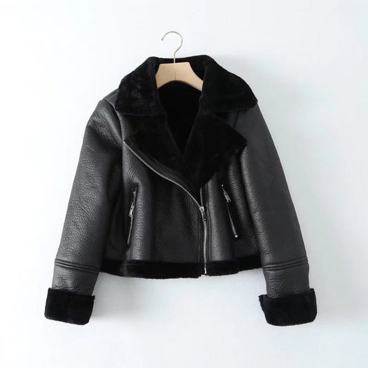 Faux Fur Leather Leisure Lapel Short Coat