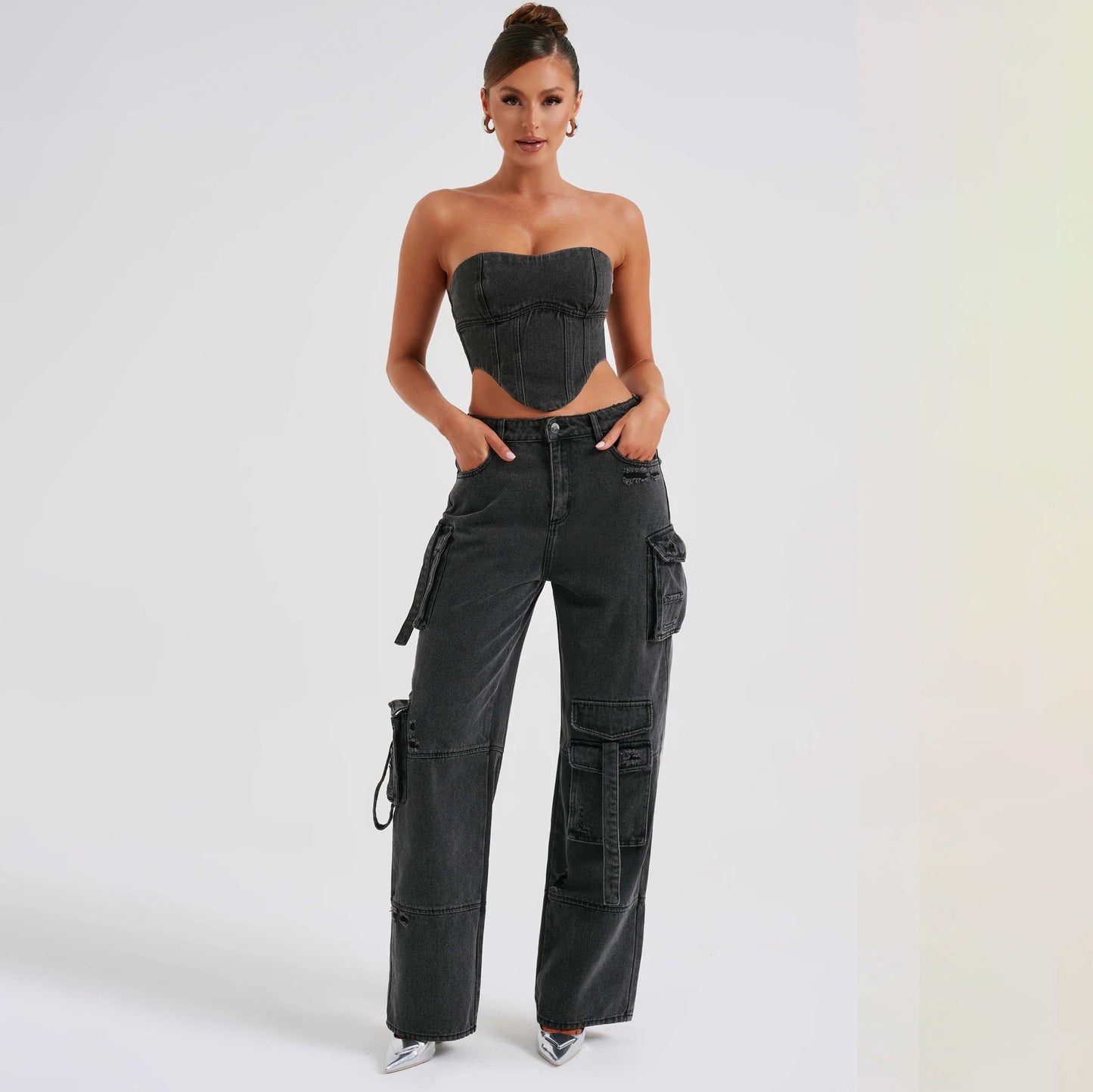 Women's Suit Low Waist Three-dimensional Tube Top And Pocket Stitching Jeans