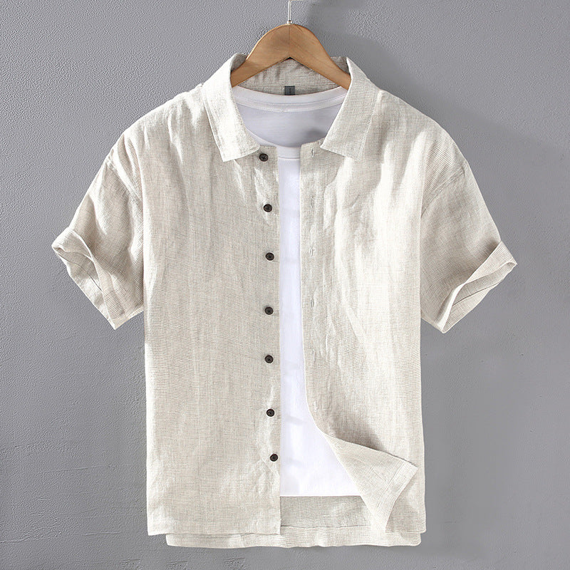 Men's Woven Fine Plaid Linen Short Sleeved Shirt