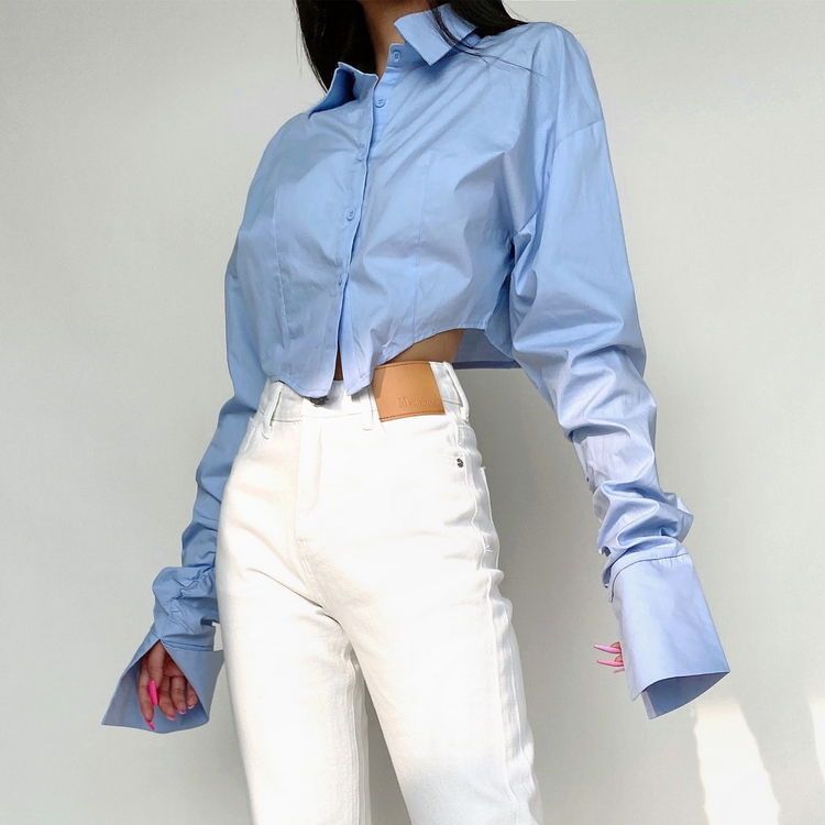 Women's Lapel Long Sleeve Cinched Crop Top Blouse