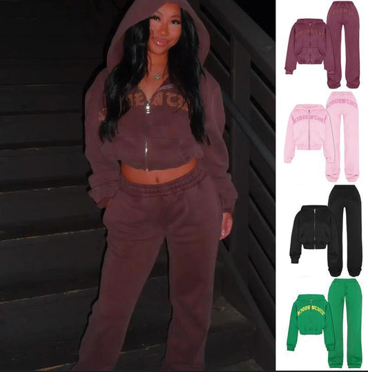 Crop Hoodie Sweatshirt Top And Loose Drawstring Sweats Two Piece Set