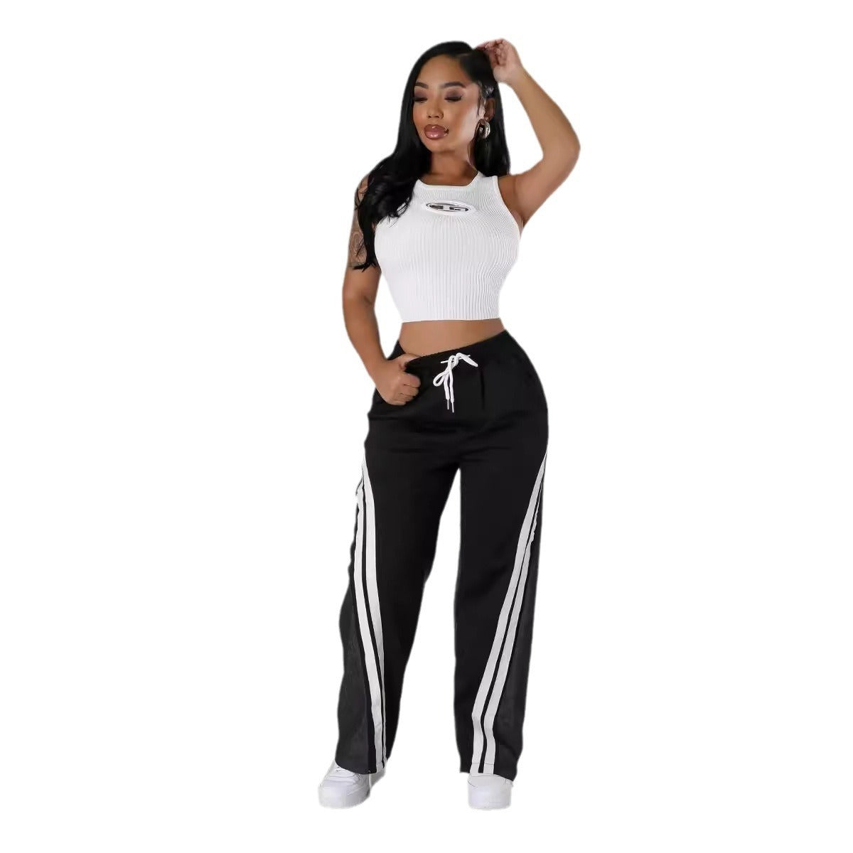 Versatile Contrast Color Diagonal Striped Waist-tight Sweatpants