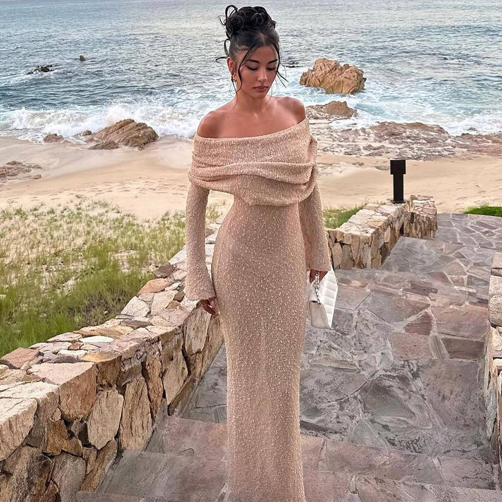 Off The-shoulder Knitted Long-sleeved Long Dress