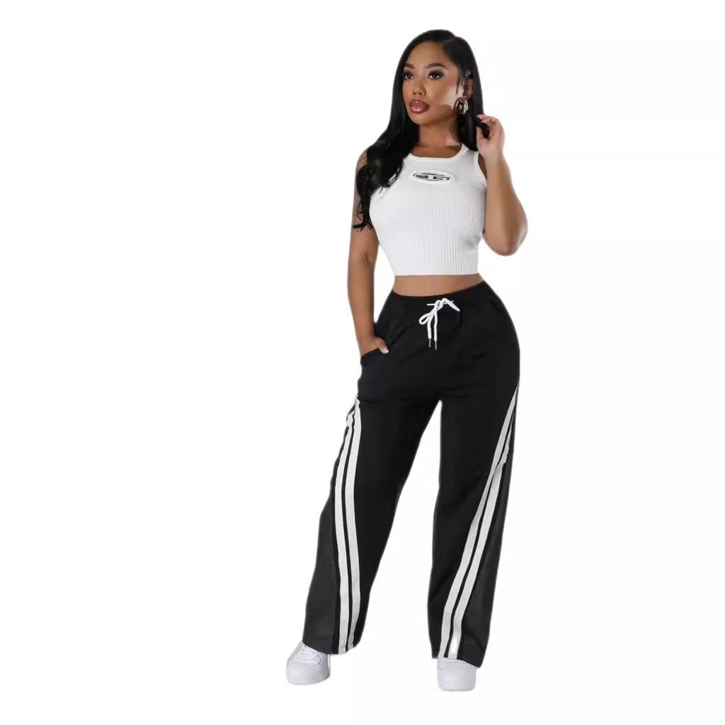 Versatile Contrast Color Diagonal Striped Waist-tight Sweatpants