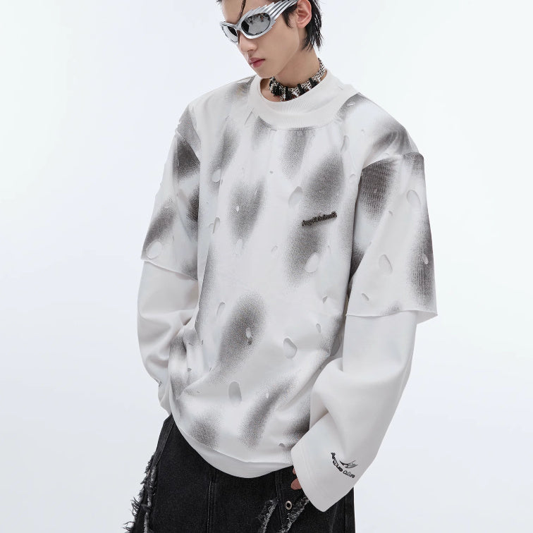 Men's Retro Washed Two-piece Broken Hole Design Long-sleeved Sweater