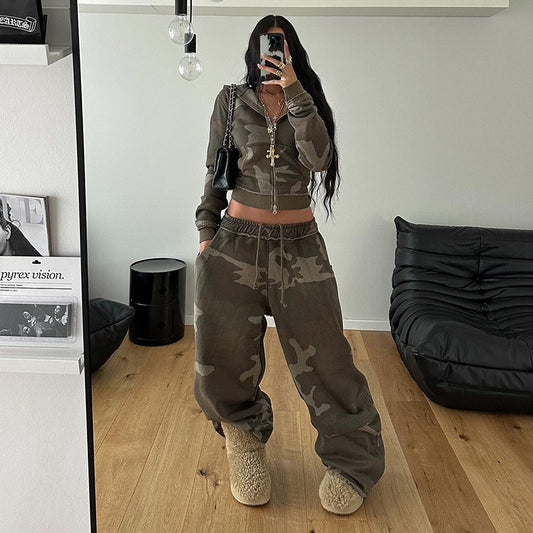 Camouflage Two-Piece Zipper Sweatshirt Loose Large Sweatpants Hoodie Set